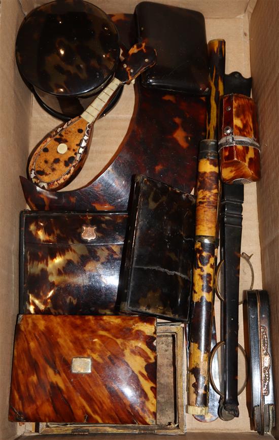 A group of 19th century tortoiseshell objects to include a pair of lorgnettes, an etui case, toothpick case etc.